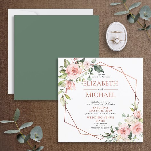 Eucalyptus Wedding Square Copper Geometric Floral Kaart