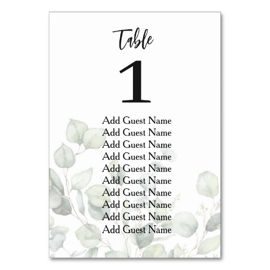 Eucalyptus Wedding Table Number (aantal zitplaatse Kaart (Achterkant)