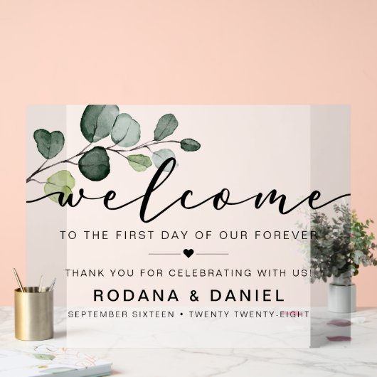 Eucalyptus Welcome Wedding Acryl Bord (Huwelijk)