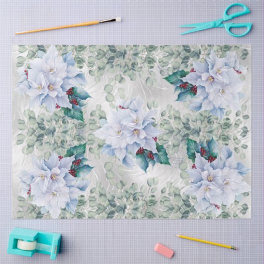 Eucalyptus & White Christmas Poinsettias Faux Foil Tissuepapier (Craft)