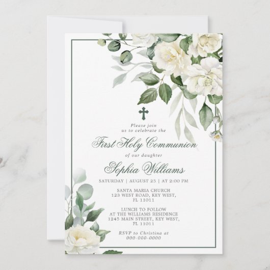 Eucalyptus White Eerste Heilige Communie Uitnodigi Kaart (Voorkant)