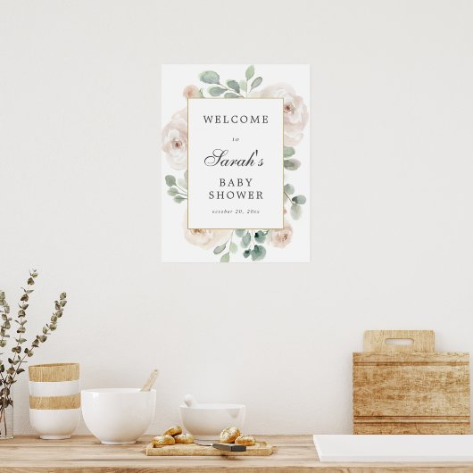 Eucalyptus White Floral Baby shower Welkomstteken Poster (Keuken)