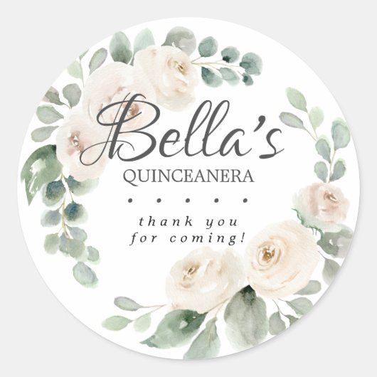 Eucalyptus White Floral QuinceaneraDank je Ronde Sticker (Voorkant)
