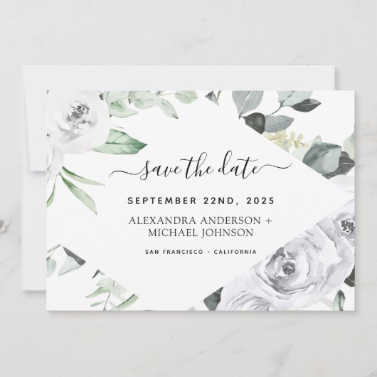 Eucalyptus White Floral Save the Date Kaart (Voorkant)