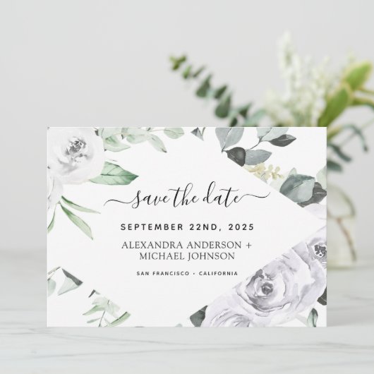 Eucalyptus White Floral Save the Date Kaart (Staand voorkant)