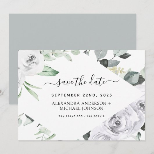 Eucalyptus White Floral Save the Date Kaart (Voorkant / Achterkant)