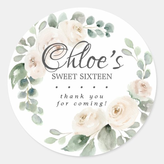 Eucalyptus White Floral Sweet 16 Hartelijk dank Ronde Sticker (Voorkant)