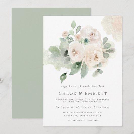 Eucalyptus White Rose Floral Wedding Kaart (Voorkant / Achterkant)