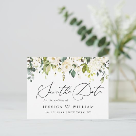 Eucalyptus White Roses Boho Wedding Save the Date Briefkaart (Staand voorkant)