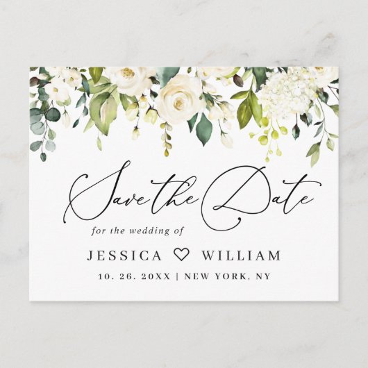 Eucalyptus White Roses Boho Wedding Save the Date Briefkaart (Voorkant)