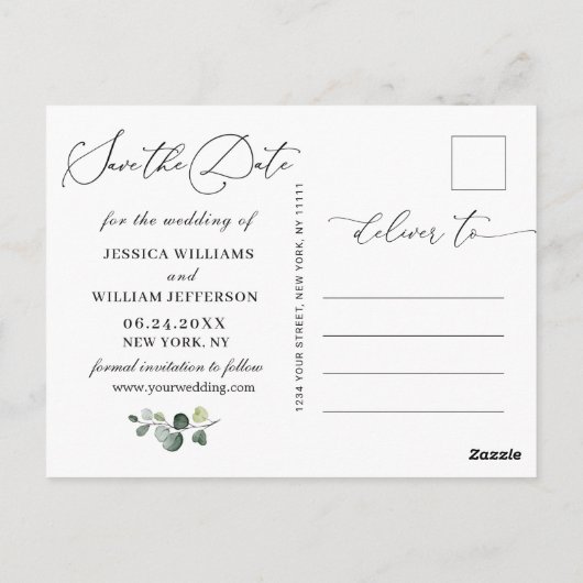 Eucalyptus White Roses Boho Wedding Save the Date Briefkaart (Achterkant)