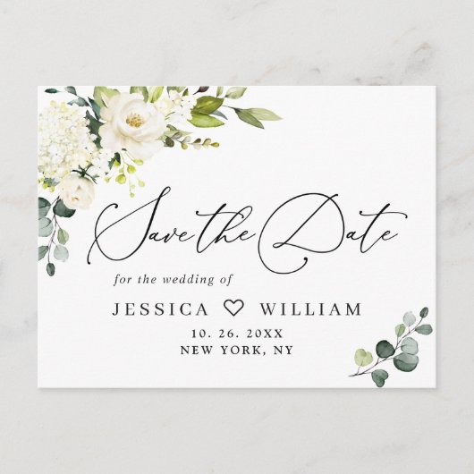 Eucalyptus White Roses Boho Wedding Save the Date Briefkaart (Voorkant)