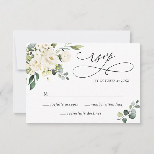 Eucalyptus White Roses Floral Weddenschap RSVP Kaartje (Voorkant)