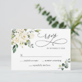 Eucalyptus White Roses Floral Weddenschap RSVP Kaartje (Staand voorkant)