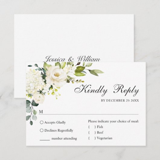 Eucalyptus White Roses Floral Weddenschap RSVP Kaartje (Voorkant / Achterkant)