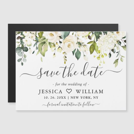 Eucalyptus White Roses Save the Date Magnetic Kaar (Voorkant / Achterkant)