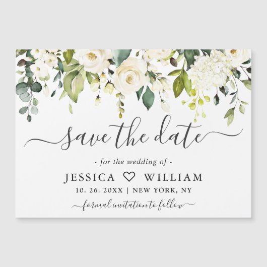 Eucalyptus White Roses Save the Date Magnetic Kaar (Voorkant)