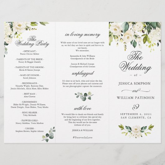 Eucalyptus White Roses Wedding Ceremony Programme (Voorkant)