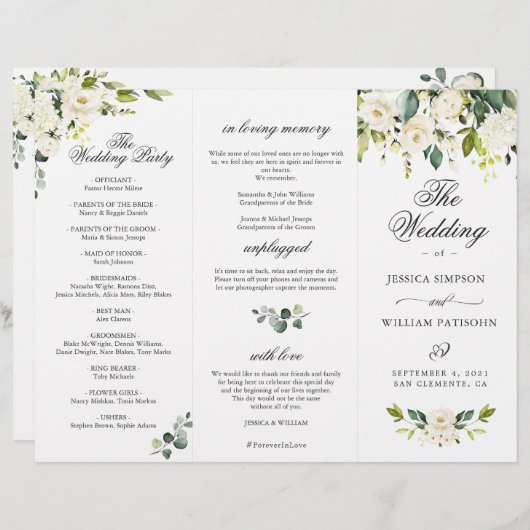 Eucalyptus White Roses Wedding Ceremony Programme (Voorkant / Achterkant)