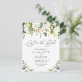 Eucalyptus White Roses Wedding Save the Date Briefkaart (Staand voorkant)
