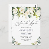 Eucalyptus White Roses Wedding Save the Date Briefkaart (Voorkant / Achterkant)