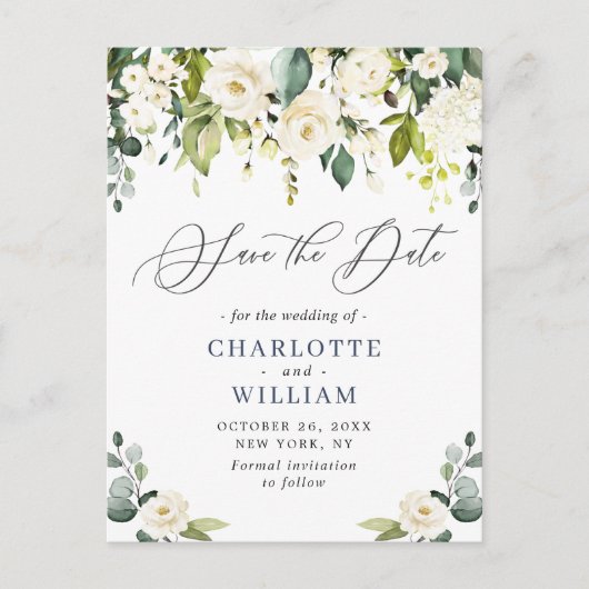 Eucalyptus White Roses Wedding Save the Date Briefkaart (Voorkant)