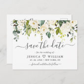 Eucalyptus White Roses Wedding Save the Date Briefkaart (Voorkant / Achterkant)