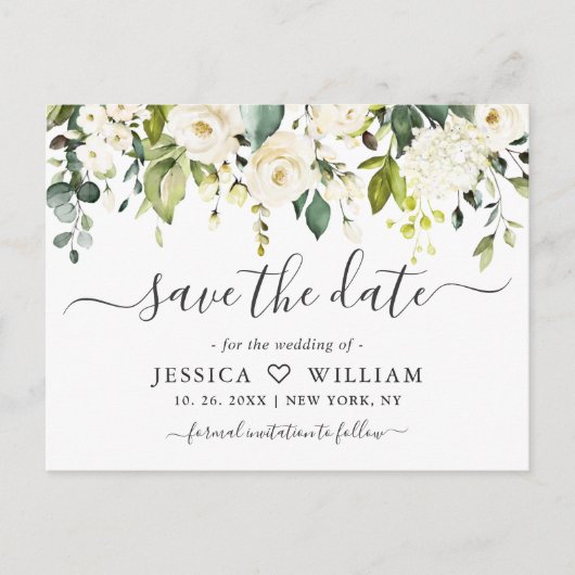 Eucalyptus White Roses Wedding Save the Date Briefkaart (Voorkant)
