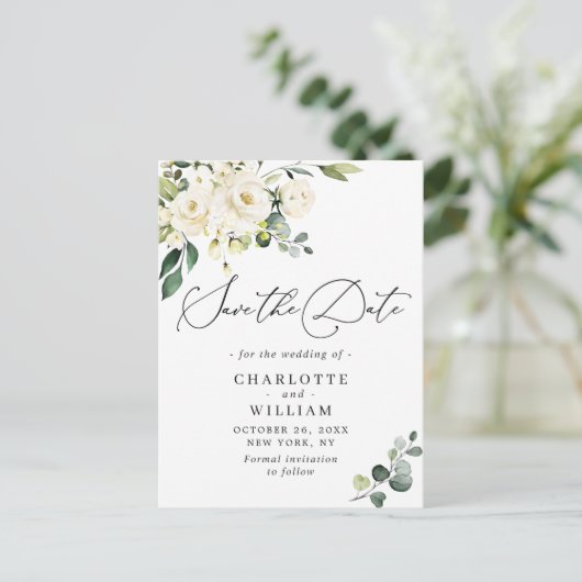 Eucalyptus White Roses Wedding Save the Date Briefkaart