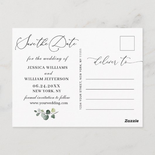 Eucalyptus White Roses Wedding Save the Date Briefkaart (Achterkant)