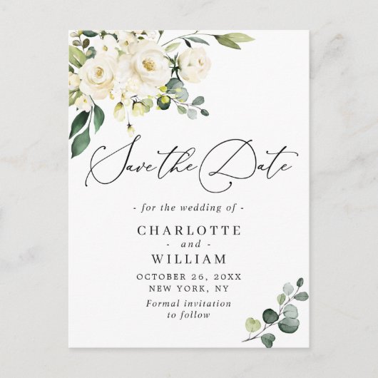 Eucalyptus White Roses Wedding Save the Date Briefkaart (Voorkant)