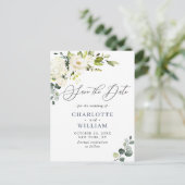 Eucalyptus White Roses Wedding Save the Date Briefkaart (Staand voorkant)