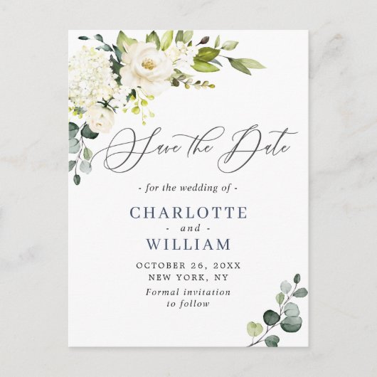 Eucalyptus White Roses Wedding Save the Date Briefkaart (Voorkant)
