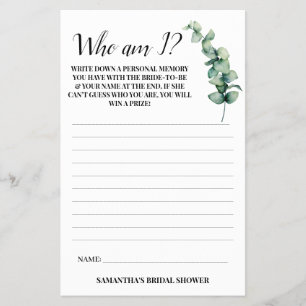 Eucalyptus Wie ben ik? Vrijgezellenfeest game-kaar Flyer