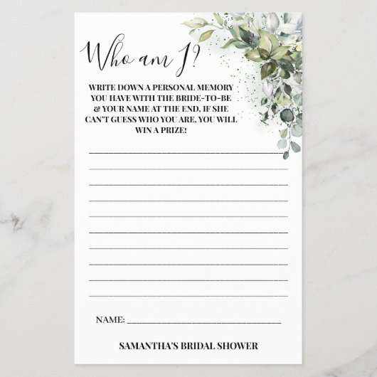 Eucalyptus Wie ben ik? Vrijgezellenfeest game-kaar Flyer (Voorkant)