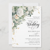 Eucalyptus Wit Rose Elegant Groen Bruiloft Kaart (Voorkant)