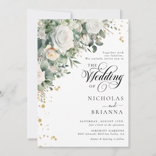 Eucalyptus Wit Rose Elegant Groen Bruiloft Kaart (Voorkant)