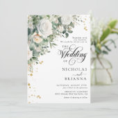 Eucalyptus Wit Rose Elegant Groen Bruiloft Kaart (Staand voorkant)