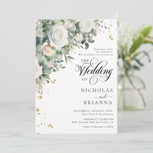 Eucalyptus Wit Rose Elegant Groen Bruiloft Kaart (Staand voorkant)