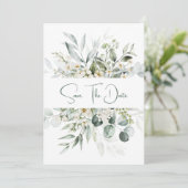 Eucalyptus Witte Bloemen Bessen Bewaar de Datum Save The Date (Staand voorkant)