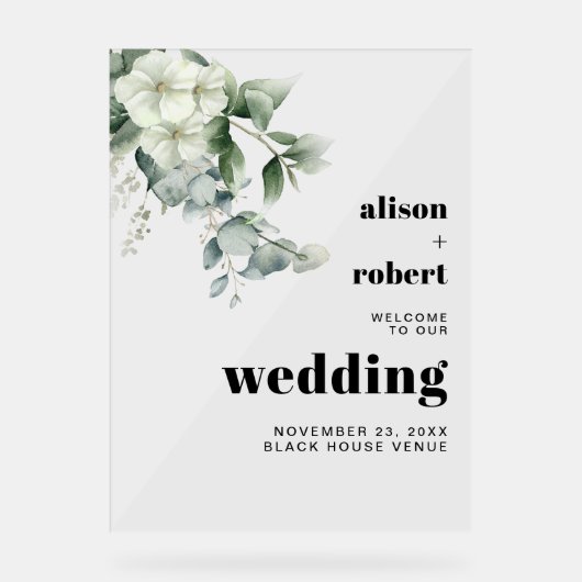 Eucalyptus, witte bloemen bloemige bruiloft WELKOM Acryl Bord (Voorkant)