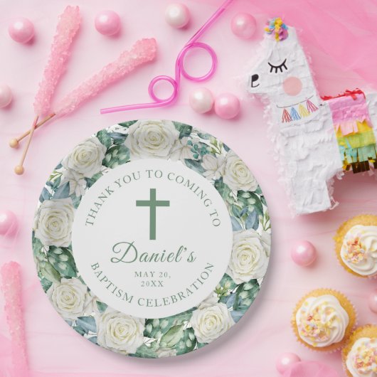 Eucalyptus Witte Bloemen Doop Papieren Bordje (Feest)