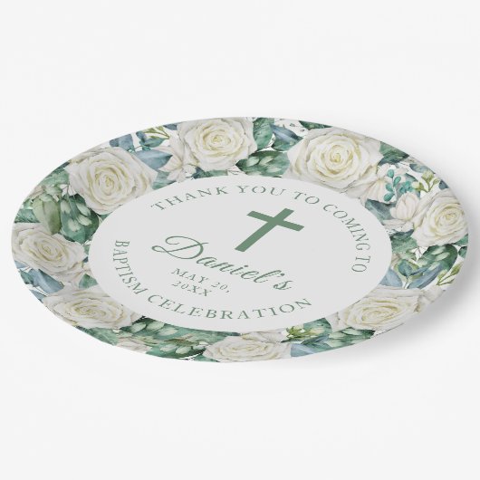 Eucalyptus Witte Bloemen Doop Papieren Bordje (Gekanteld)