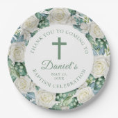 Eucalyptus Witte Bloemen Doop Papieren Bordje (Voorkant)