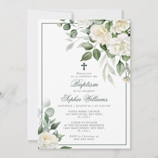 Eucalyptus Witte Bloemen Doopuitnodiging Kaart (Voorkant)