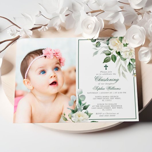 Eucalyptus Witte Bloemen Foto Meisje Doop Kaart