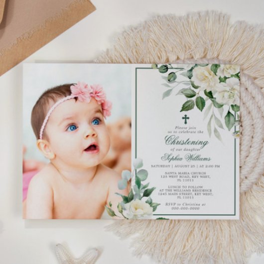 Eucalyptus Witte Bloemen Foto Meisje Doop Kaart