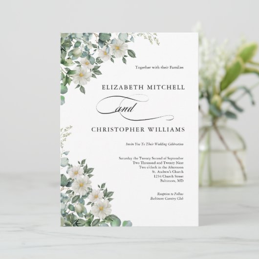 Eucalyptus witte bloemen groen elegante bruiloft kaart (Staand voorkant)