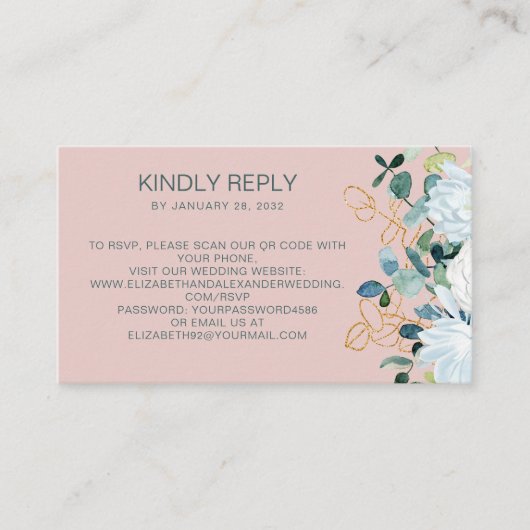 Eucalyptus & witte bloemen QR Code online RSVP Informatiekaartje (Voorkant)