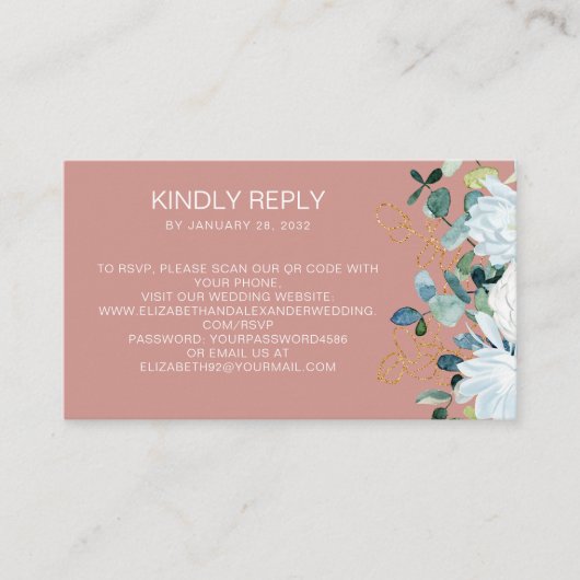 Eucalyptus & witte bloemen QR Code online RSVP Informatiekaartje (Voorkant)